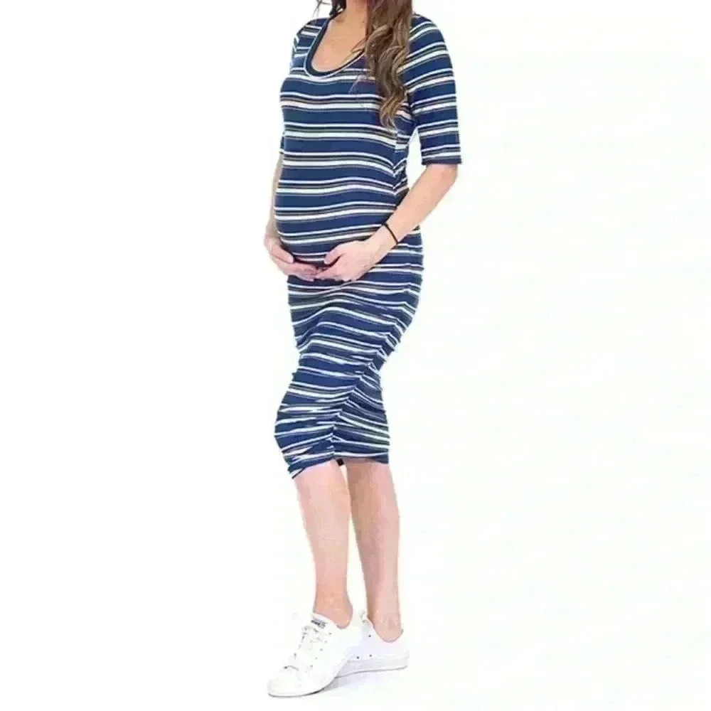 🆕 Mother Bee Maternity Navy Stripe Ruched Dress L🆕 - Picture 3 of 11